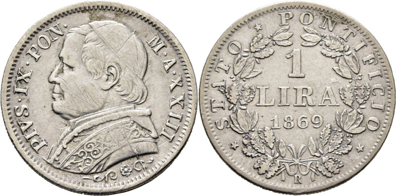 VATICANO. Pío IX. Roma. 1 lira. 1869. Año XXIII. K1387. Rayitas en anverso. MBC/...