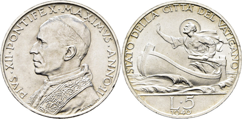 VATICANO. Pío XII. Roma. 5 liras. 1940. Año II. San Pedro pescador guiando la ba...