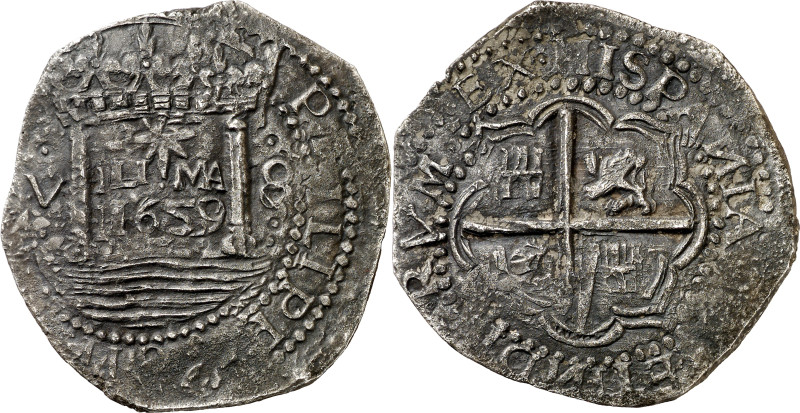 1659. Felipe IV. Lima. V. 8 reales. (AC. 1243). Oxidaciones marinas. Estuvo enca...