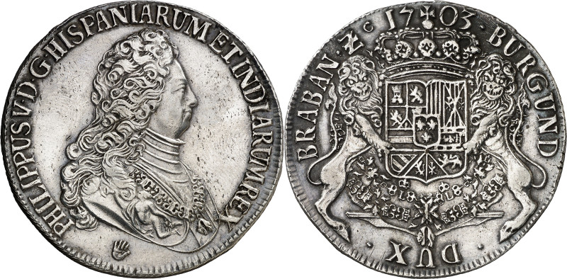 1703. Felipe V. Amberes. 1 ducatón. (Vti. 85) (Vanhoudt 737.AN). Limpiada. Bella...