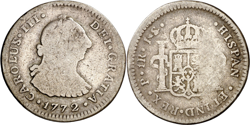 1772. Carlos III. Popayán. JS. 1 real. (AC. 448) (Restrepo 40-4). Rara. Único re...