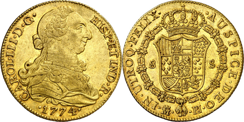 1774. Carlos III. Madrid. PJ. 8 escudos. (AC. 1960) (Cal.Onza 723). Punto entre ...