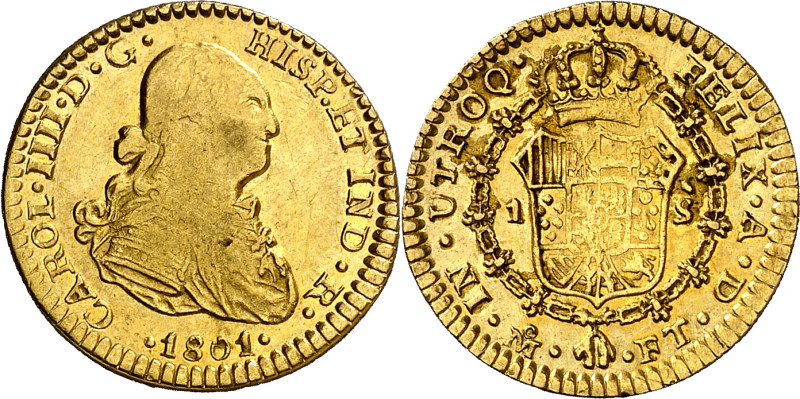 1801. Carlos IV. México. FT. 1 escudo. (AC. 1133). Acuñación floja. Parte de bri...