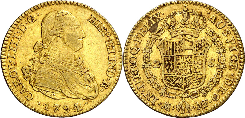 1794. Carlos IV. Madrid. MF. 2 escudos. (AC. 1282). Leves rayitas. 6,76 g. MBC+.