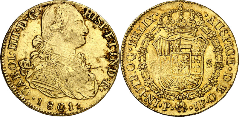 1801. Carlos IV. Popayán. JF. 8 escudos. (AC. 1675) (Cal.Onza falta) (Restrepo 9...