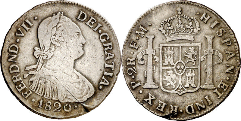 1820. Fernando VII. Popayán. FM. 2 reales. (AC. 906) (Restrepo 114-15). Grieta e...