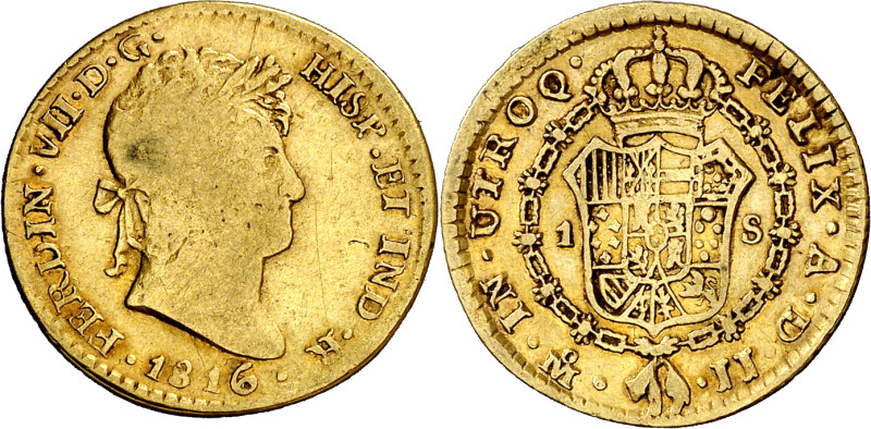 1816. Fernando VII. México. JJ. 1 escudo. (AC. 1518). Escasa. 3,33 g. BC+/MBC-.