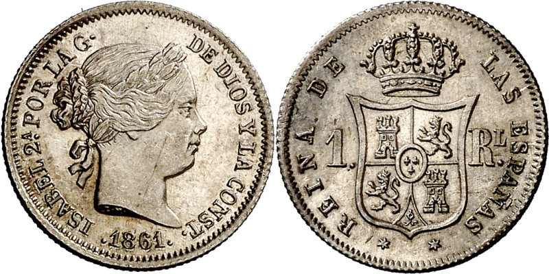 1861. Isabel II. Madrid. 1 real. (AC. 310). Muy bella. Brillo original. Ex Áureo...