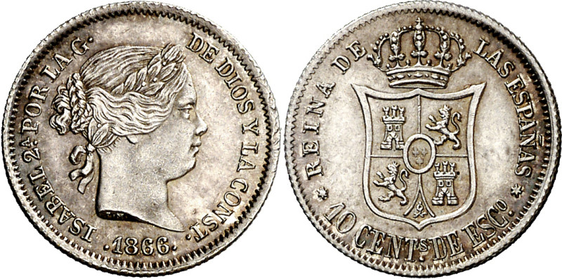 1866. Isabel II. Madrid. 10 céntimos de escudo. (AC. 339). Bella. Rara y más asi...