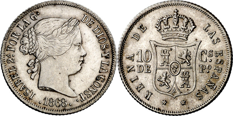 1868. Isabel II. Manila. 10 centavos. (AC. 656). Leves rayitas. Bella. Escasa as...