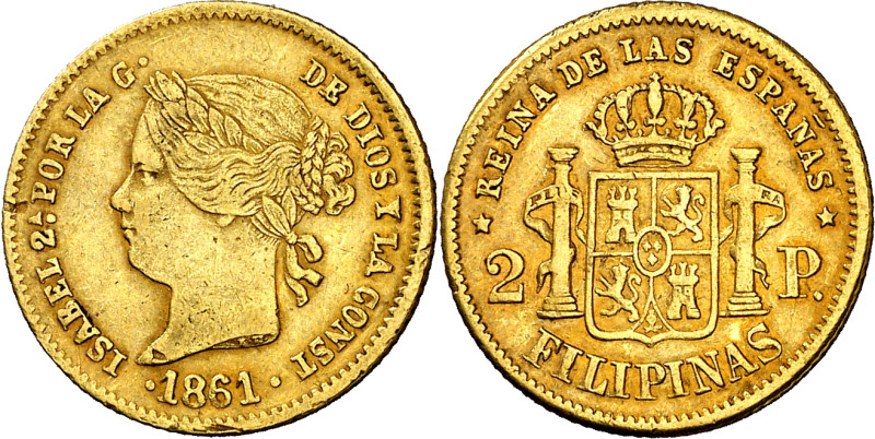 1861. Isabel II. Manila. 2 pesos. (AC. 836). Precioso color. 3,34 g. MBC+.