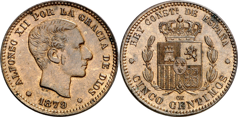 1879. Alfonso XII. Barcelona. OM. 5 céntimos. (AC. 6). Bella. Brillo original. E...