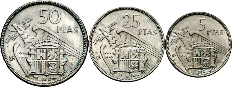 1957. Franco. BA (Barcelona). 5, 25 y 50 pesetas. (AC. 154 a 156). I Exposición ...