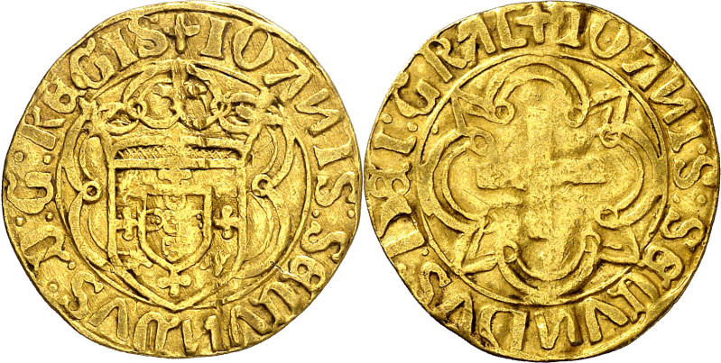 Portugal. Juan II (1481-1495). Cruzado. (Fr. 19). Desdoblada. Escasa. AU. 3,49 g...