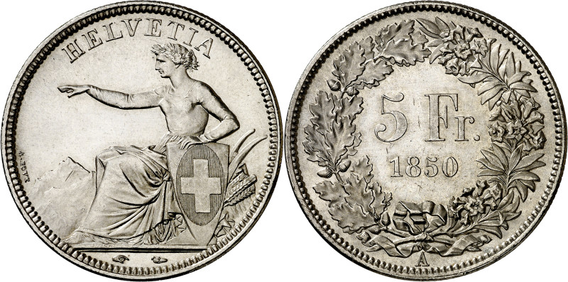 Suiza. 1850. A (París). 5 francos. (KM. 11). Bellísima. Rara y más así. AG. 25,0...