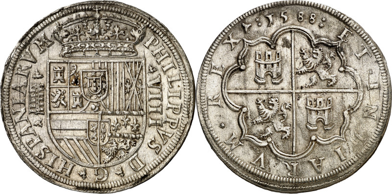 1588. Felipe II. Segovia. 8 reales. (AC. 692). Acueducto de cinco y seis arcos y...