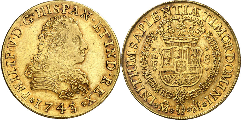 1743. Felipe V. México. MF. 8 escudos. (AC. 2247) (Cal.Onza 441). Golpecito en c...