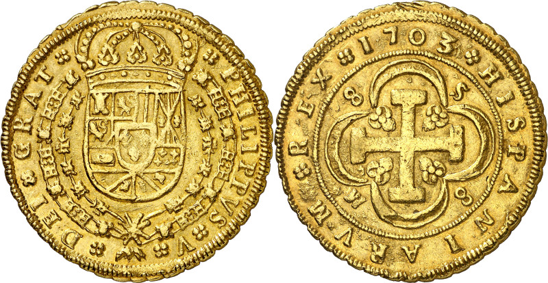 1703. Felipe V. Sevilla. M. 8 escudos. (AC. 2269) (Cal.Onza 475). Tipo "cruz". 8...