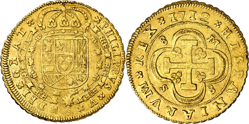 1712. Felipe V. Sevilla. M. 8 escudos. (AC. 2281) (Cal.Onza 495). Tipo "cruz". 8...