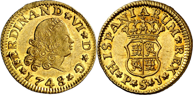 1748. Fernando VI. Sevilla. PJ. 1/2 escudo. (AC. 571). Segundo busto. Muy bella....