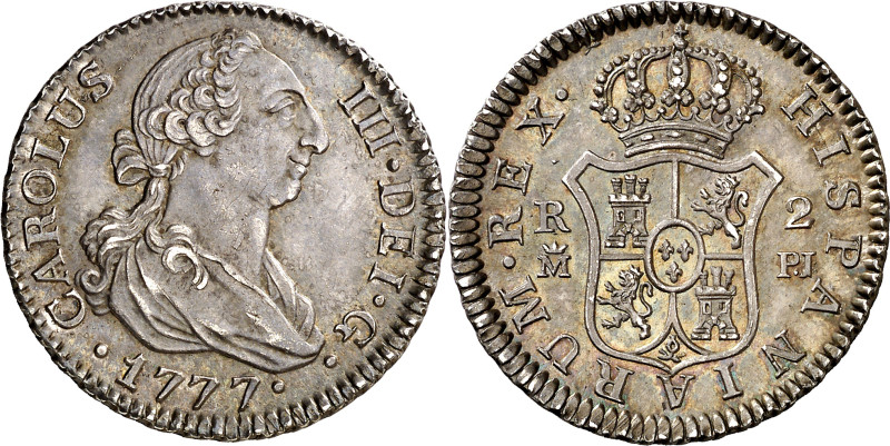 1777. Carlos III. Madrid. PJ. 2 reales. (AC. 626). Bella. Preciosa pátina. Ex Áu...