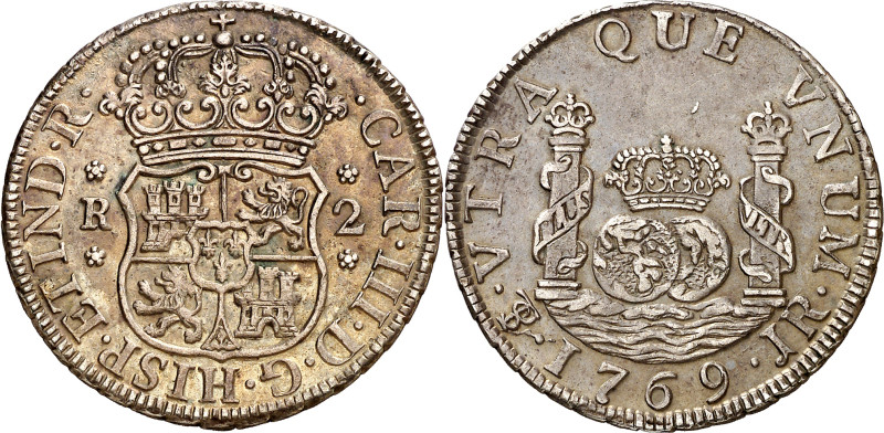 1769. Carlos III. Potosí. JR. 2 reales. (AC. 710). Columnario. el 9 de la fecha ...