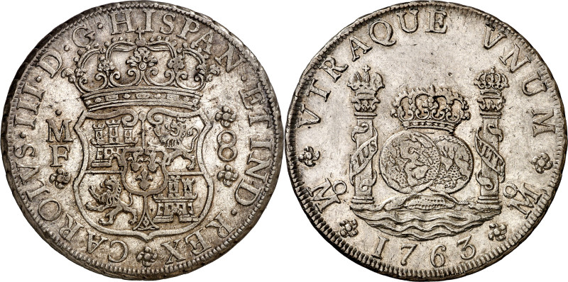 1763. Carlos III. México. MF. 8 reales. (AC. 1086). Columnario. Leves marquitas....