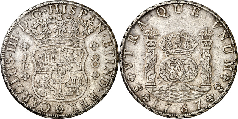 1767. Carlos III. Potosí. JR. 8 reales. (AC. 1159). Columnario. Roseta de 6 péta...