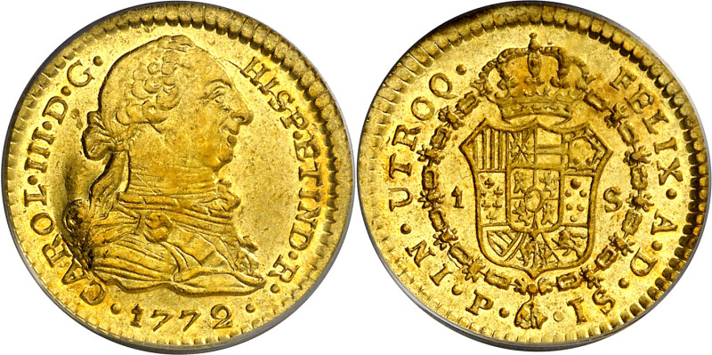 1772. Carlos III. Popayán. JS. 1 escudo. (AC. 1415) (Restrepo 54-2). Primer año ...