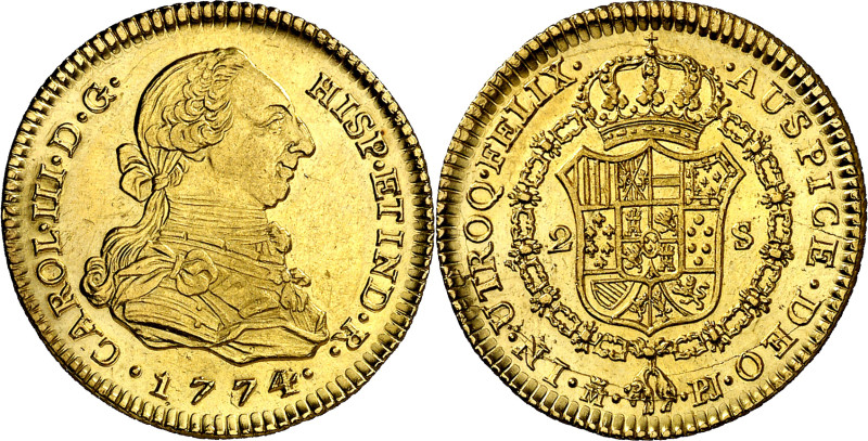 1774/3. Carlos III. Madrid. PJ. 2 escudos. (AC. 1545). Bella. Escasa así. 6,72 g...