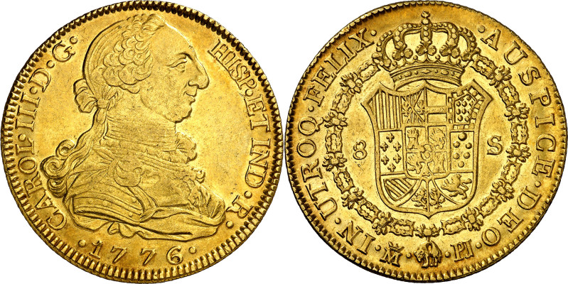 1776. Carlos III. Madrid. PJ. 8 escudos. (AC. 1962) (Cal.Onza 727). Bella. Rara ...