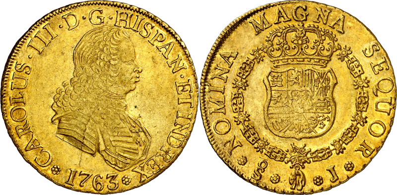 1763. Carlos III. Santiago. J. 8 escudos. (AC. 2131) (Cal.Onza 903). Busto de Fe...