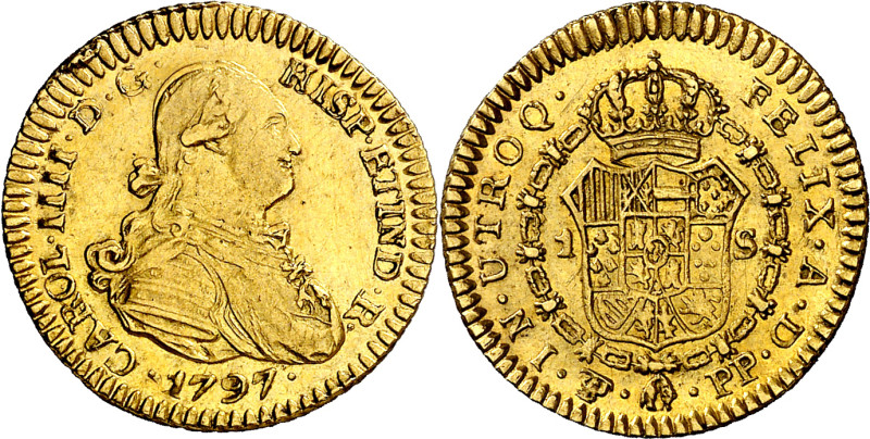 1797. Carlos IV. Potosí. PP. 1 escudo. (AC. 1183). Bella. Parte de brillo origin...