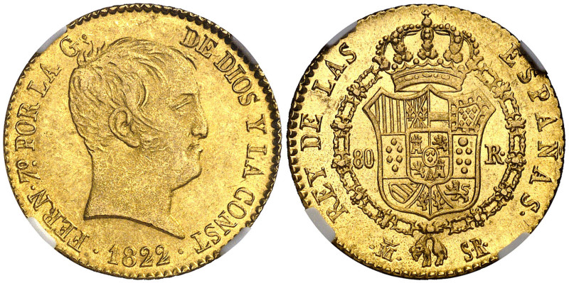 1822. Fernando VII. Madrid. SR. 80 reales. (AC. 1641). Tipo "cabezón". En cápsul...