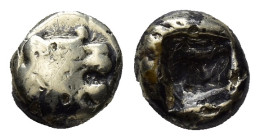 KINGS of LYDIA. Alyattes. Circa 610-560 BC. EL Hemihekte – 1/12 Stater (7mm, 0.92 g). Sardes mint. Head of roaring lion right, with knob on forehead /...