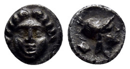 PISIDIA, Selge. Circa 350-300 BC. AR Obol (9mm, 1.00 g ). Facing gorgoneion / Helmeted head of Athena right; astragalos to left.