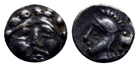 Pisidia. Selge circa 300-200 BC. Obol AR (9mm, 0.60 g) Gorgoneion / Helmeted head of Athena left, astragalos behind.