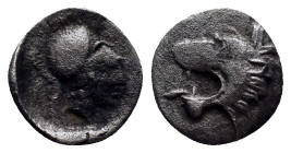 PAMPHYLIA. Side. (3rd-2nd centuries BC). AR Obol. (10mm, 0.60 g) Obv: Helmeted head of Athena right. Rev: Head of lion left with open mouth.