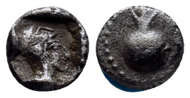 PAMPHYLIA, Side. Circa 460-430 BC. AR Obol (8mm, 1.00 g). Helmeted head of Athena right within incuse square. / Pomegranate.