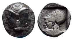MYSIA, Lampsakos. Circa 500-450 BC. AR Diobol (9mm, 0.90 g). Female janiform head / Helmeted head of Athena left within incuse square.