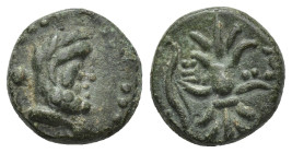 PISIDIA. Selge. Ae (12mm, 2.68 g) (2nd-1st centuries BC). Obv: Head of Herakles right, with club over shoulder. Rev: Σ - Ε - Λ. Thunderbolt and arc te...