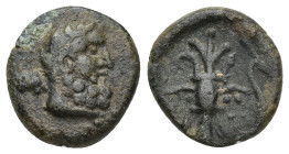 PISIDIA. Selge. Ae (14mm, 2.58 g) (2nd-1st centuries BC). Obv: Head of Herakles right, with club over shoulder. Rev: Σ - Ε - Λ. Thunderbolt and arc te...