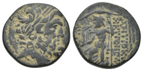 Seleucis and Pieria. Antioch circa 31-27 BC. Bronze Æ (20mm, 6.26 g). Laureate head of Zeus right. / ANTIOΧEΩΝ THΣ MHTΡOΠOΛEΩΣ, Zeus seated left, hold...