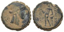 SELEUKID EMPIRE. Seleukos IV Philopator. 175-164 BC. Serrate Æ (21mm, 9.41 g). Antioch on the Orantes mint. Laureate head of Apollo right / Apollo sta...