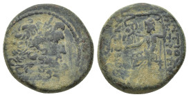 Seleucis and Pieria. Antioch circa 31-27 BC. Bronze Æ (19mm, 7.72 g). Laureate head of Zeus right. / ANTIOΧEΩΝ THΣ MHTΡOΠOΛEΩΣ, Zeus seated left, hold...