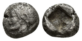 Ionia. Phokaia circa 521-478 BC. Diobol AR (8mm, 1.26 g). Archaic female head left, wearing earring and helmet or close fitting cap / Incuse square pu...