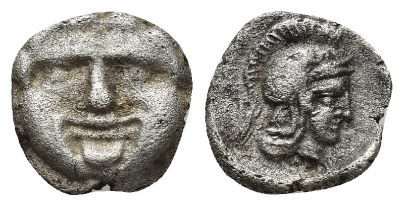 Pisidia, Selge, c. 350-300 BC. AR Obol (10mm, 0.86 g). Facing gorgoneion. R/ Hel...