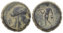 SELEUKID EMPIRE. Seleukos IV Philopator. 175-164 BC. Serrate Æ (20mm, 8.64 g). Antioch on the Orantes mint. Laureate head of Apollo right / Apollo sta...