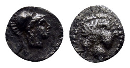 Pamphylia, Side. Ca. 3rd-2nd century B.C. AR obol (6mm, 0.10 g). Helmeted head of Athena right. / Head of roaring lion right.