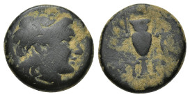Aeolis, Myrina, c. 2nd century BC. Æ (16mm, 3.79 g). Laureate head of Apollo r. R/ Amphora; kithara r.